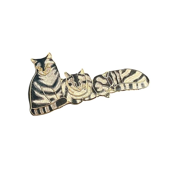 Fish Enterprise Jewelry - Vintage Fish Enterprise Triple Cat Brooch — Gold Tone & Ebony Hues